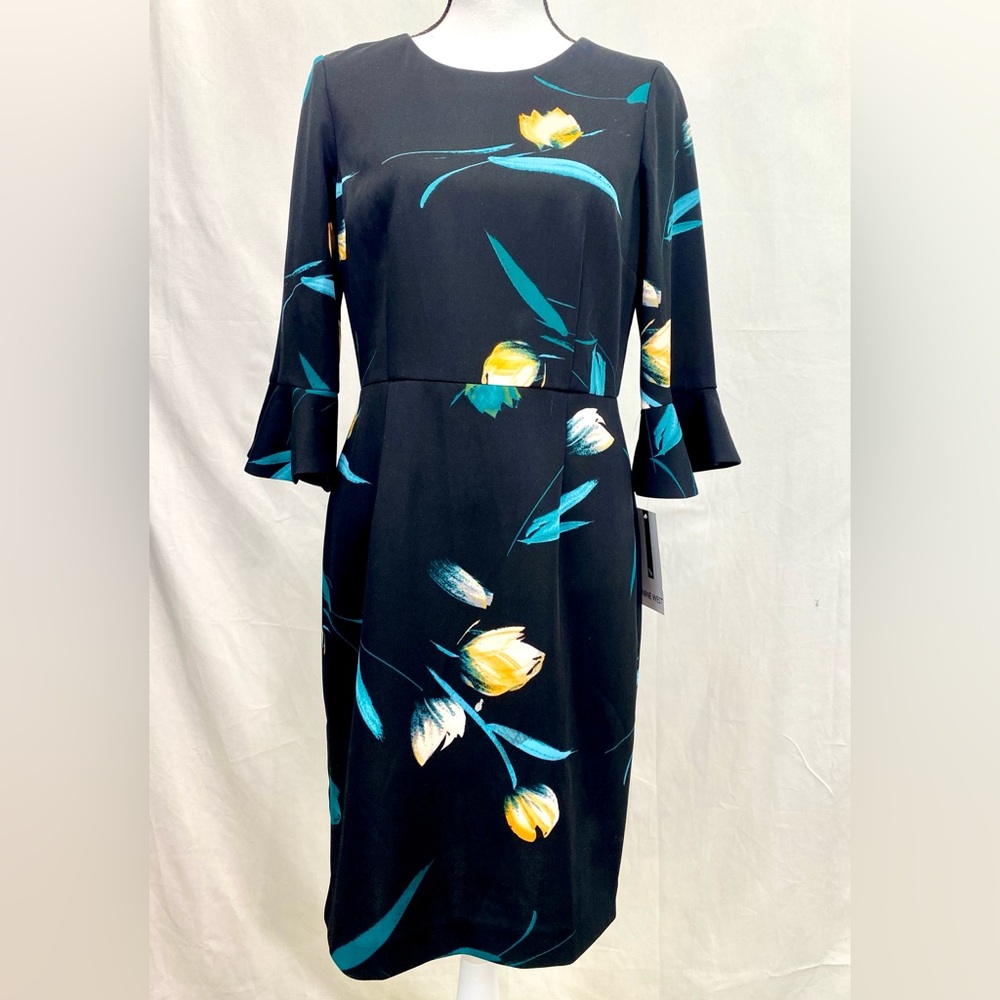 Nine West Floral Black Teal Gold Dress Size 8 Flutter Sleeve Knee Length NWT
